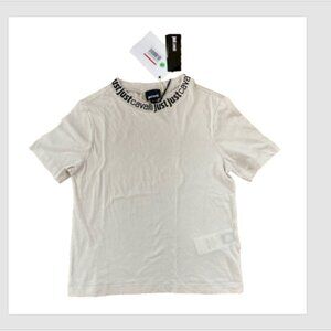 Just Cavalli Ladies Stone Col Cotton Crop T-Shirt with print on neck rib NEW